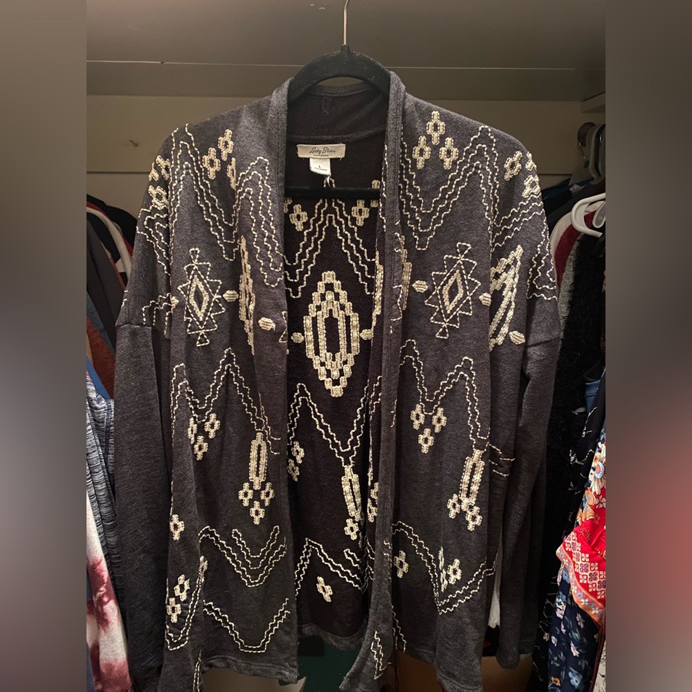 Lucky Brand Bo-Ho Gray and Cream Patterned Cardigan